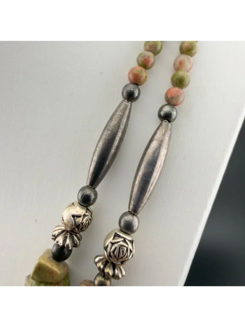 Vintage Stone Jasper Liquid Silver 2 Strand Beaded Statement Necklace 24